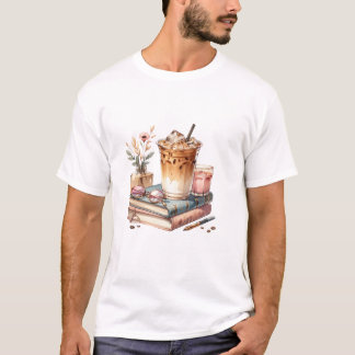 Cosy Aesthetic Iced Coffee and Vintage Books Summe T-Shirt