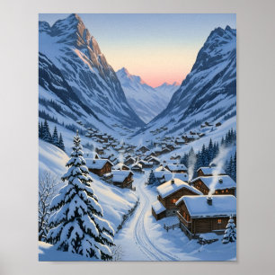 Cosy Alpine Village Dawn Snowy Mountain Valley Poster