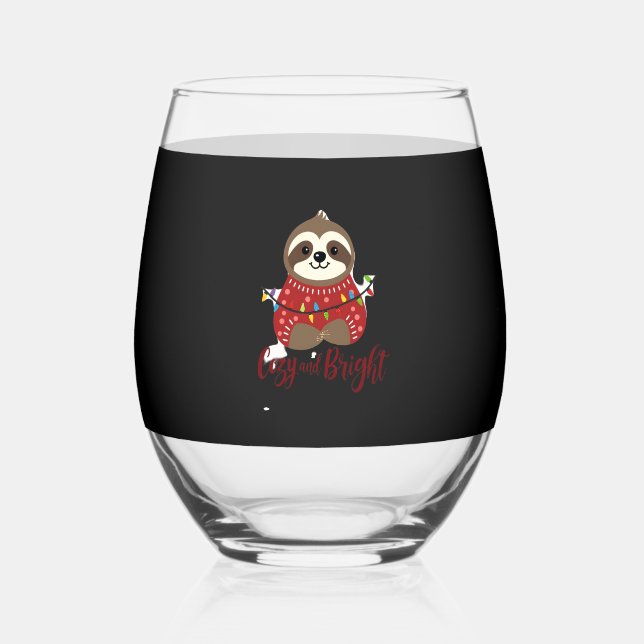 Cosy And Bright Sloth Christmas Lights (1) Stemless Wine Glass (Front)