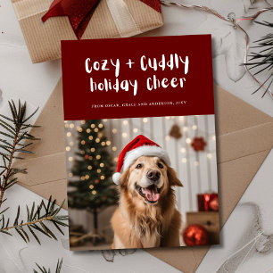 Cosy and Cuddly Cheer Burgundy Pet Family Photo Holiday Card