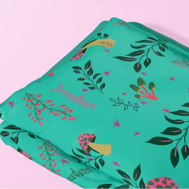 Cosy Aqua Green Mushrooms and Botanical Pattern Fleece Blanket (Custom baby name and funny mushrooms!)