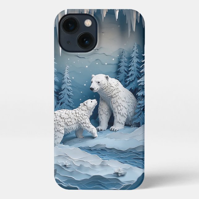 Cosy Arctic Paper Scene ✨ Polar Bears Snowy Winter iPhone Case (Back)