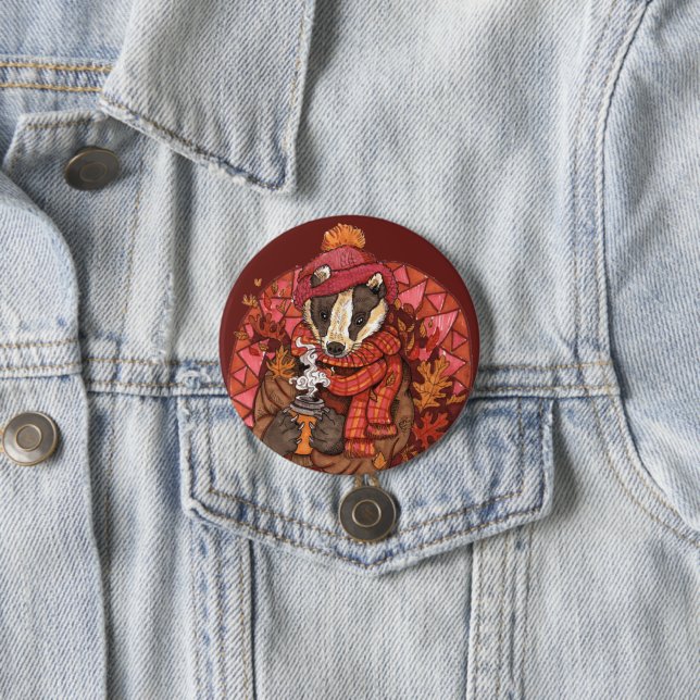 Cosy Autumn Badger Art Button (In Situ)