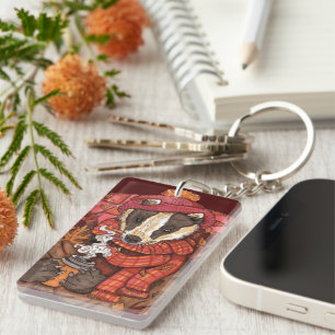 Cosy Autumn Badger Art Keychain
