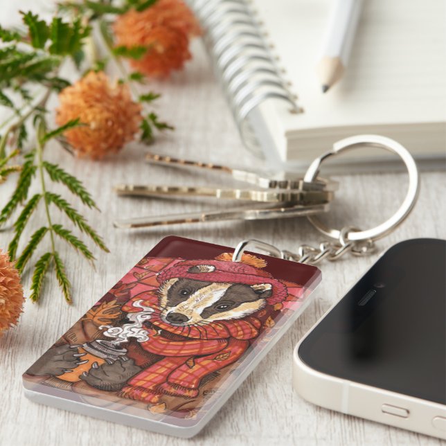 Cosy Autumn Badger Art Keychain (Front Right)