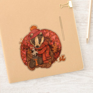 Cosy Autumn Badger Art Sticker
