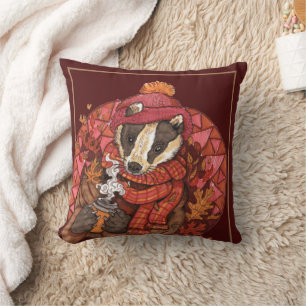 Cosy Autumn Badger Art Throw Pillow