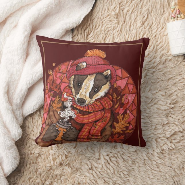 Cosy Autumn Badger Art Throw Pillow (Blanket)