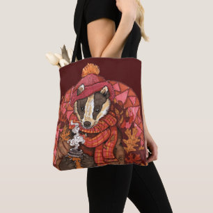 Cosy Autumn Badger Art Tote Bag