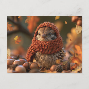 Cosy Autumn Bird in a Knitted Scarf Postcard
