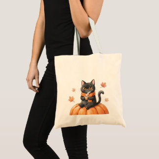 Cosy Autumn Black Cat Kawaii Pumpkin Spice Latte Tote Bag