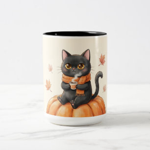 Cosy Autumn Black Cat Kawaii Pumpkin Spice Latte Two-Tone Coffee Mug