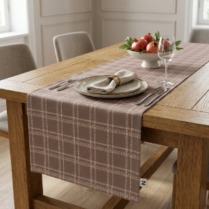 Cosy Autumn Brown Plaid Tartan Geometric Short Table Runner