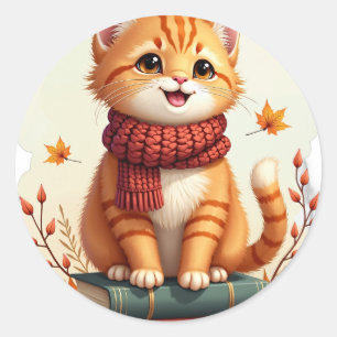 Cosy Autumn Cat Book Lover Orange Tabby Classic Round Sticker