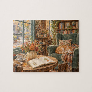Cosy Autumn Cat Bookshop Reading Nook Jigsaw Puzzle