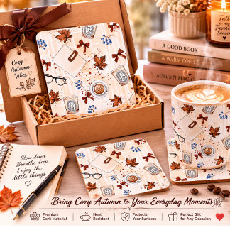 Cosy Autumn Coffee & Books Cork Coaster | Rustic F