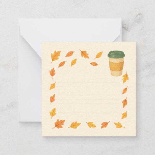 Cosy Autumn Coffee – Falling Leaves Card (Front)