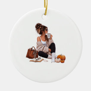 Cosy Autumn Coffee Girl Fall Aesthetic Art Ceramic Ornament