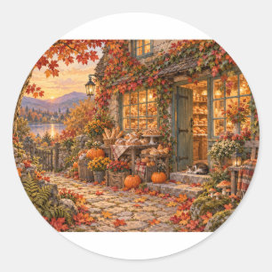 Cosy Autumn Cottage Bakery Golden Hour Round Stick Classic Round Sticker