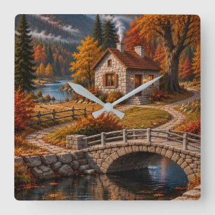 Cosy Autumn Cottage Wall Clock – Stone Bridge, 