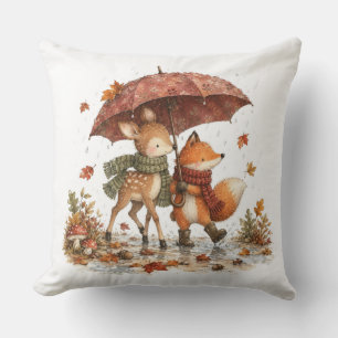Cosy Autumn Deer & Fox Rainwalk Watercolor Cushion