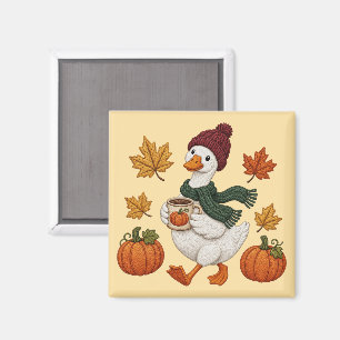 Cosy Autumn Duck with Pumpkin Coffee Fall Leaves  Magnet