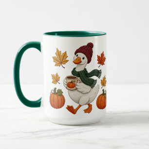 Cosy Autumn Duck with Pumpkin Coffee Fall Leaves Mug