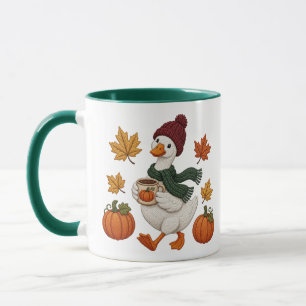 Cosy Autumn Duck with Pumpkin Coffee Fall Leaves Mug