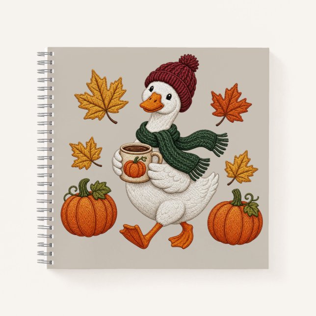 Cosy Autumn Duck with Pumpkin Coffee Fall Leaves  Notebook (Front)