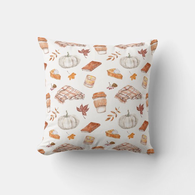 Cosy Autumn Essentials Watercolor Pattern Cushion (Front)