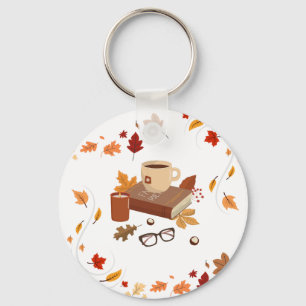 Cosy Autumn Fall Leaves Coffee Book Lover Keychain