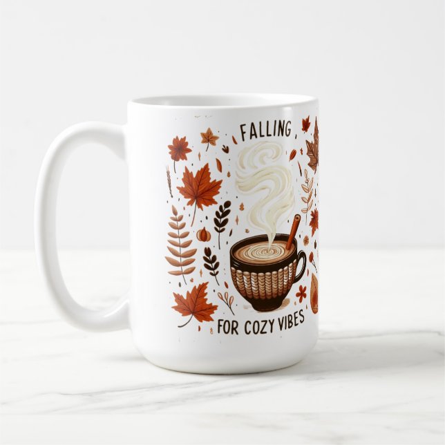 Cosy Autumn Fall Leaves & Pumpkin Spice Vibes Coffee Mug (Left)