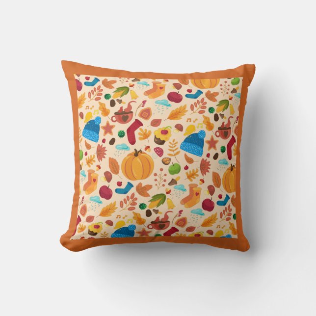 Cosy Autumn Fall Pattern Cold Weather Orange Leaf Cushion (Front)