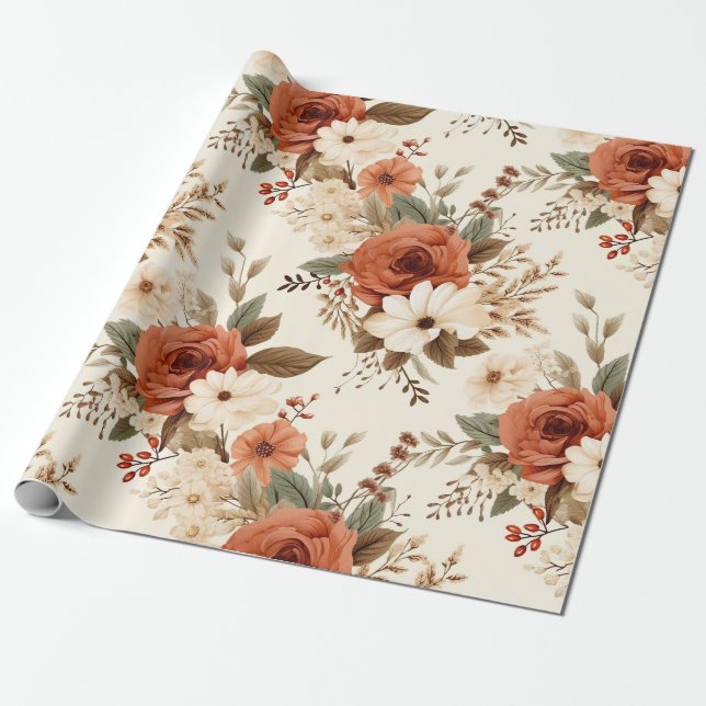 Cosy Autumn Floral Print Digital Art Wrapping Paper (Unrolled)