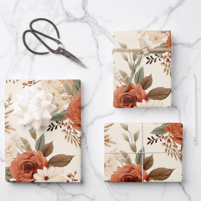 Cosy Autumn Floral Print Digital Art Wrapping Paper Sheet (Front)