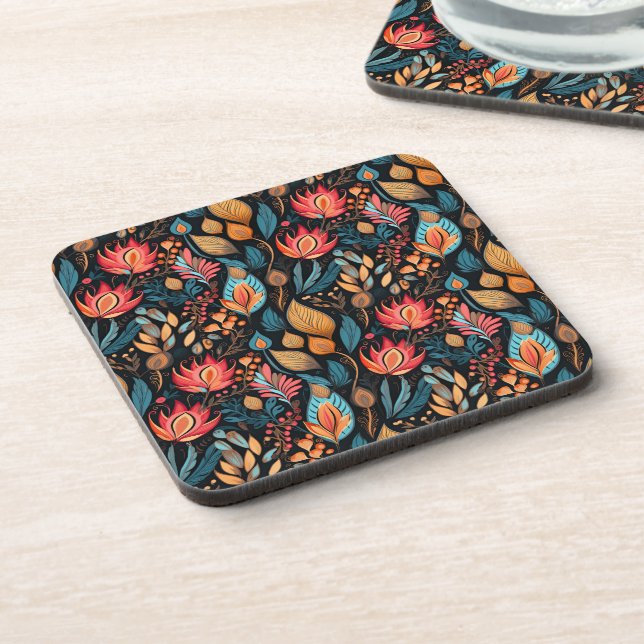 Cosy Autumn Floral Print Digital Folk Art Coaster (Left Side)