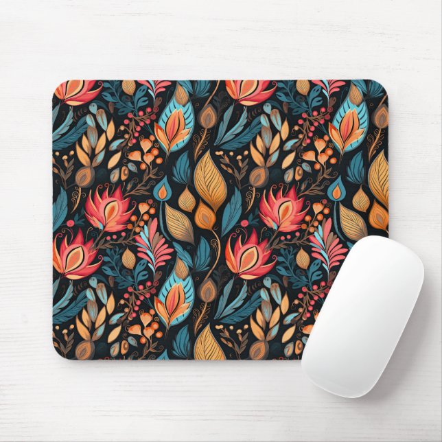 Cosy Autumn Floral Print Digital Folk Art Mouse Pad (With Mouse)