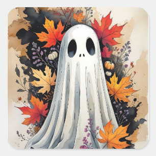 Cosy Autumn Ghost – Kawaii Halloween Watercolor Ar Square Sticker