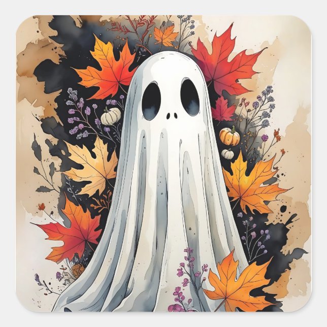 Cosy Autumn Ghost – Kawaii Halloween Watercolor Ar Square Sticker (Front)