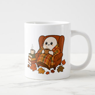 Cosy Autumn Ghost with Coffee | Kawaii Fall Readin Large Coffee Mug
