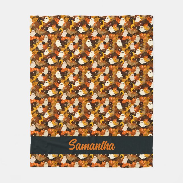 Cosy Autumn Ghosts and Leaves Halloween Fleece Blanket (Front)