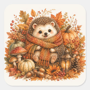 Cosy Autumn Hedgehog Watercolor Art Square Sticker