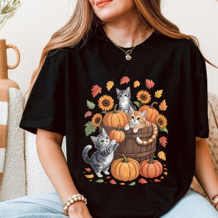 Cosy Autumn Kittens and Pumpkins Fall Harvest T-Shirt