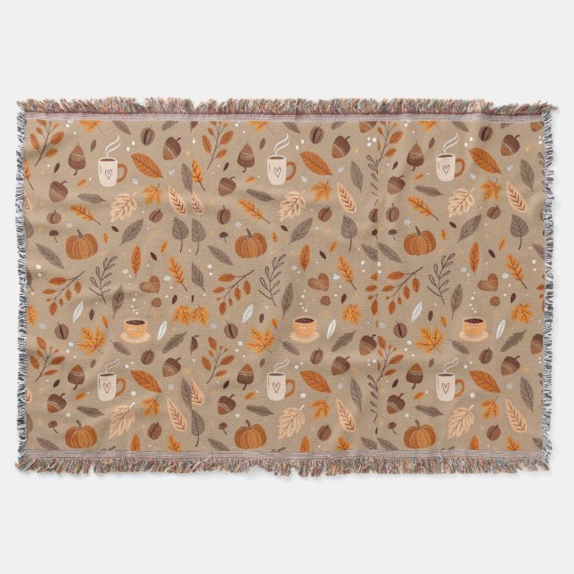 Cosy Autumn Leaves and Pumpkin Pattern Throw  Blanket (Front)