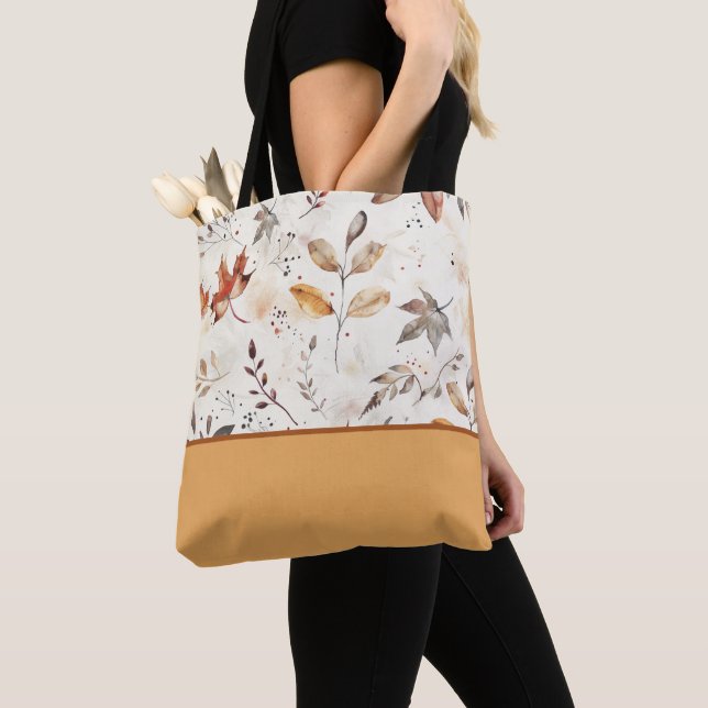 Cosy Autumn Leaves Botanical Print Colour Block Tote Bag (Close Up)