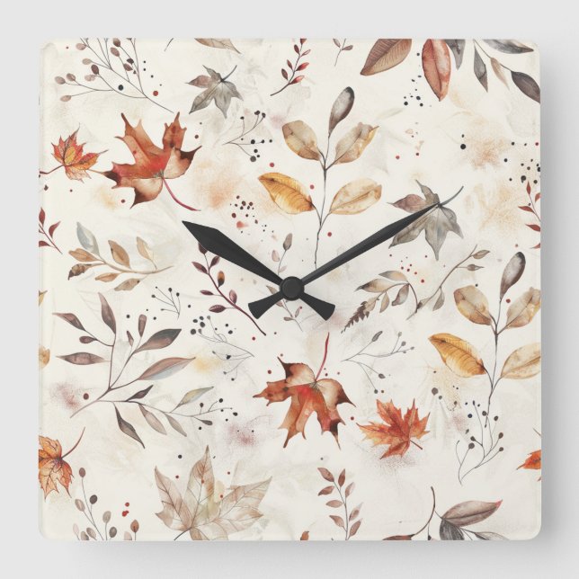 Cosy Autumn Leaves Botanical Print Square Wall Clock (Front)