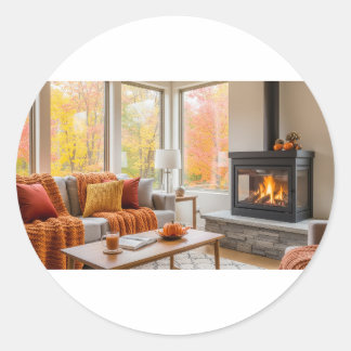 Cosy Autumn Living Room Classic Round Sticker