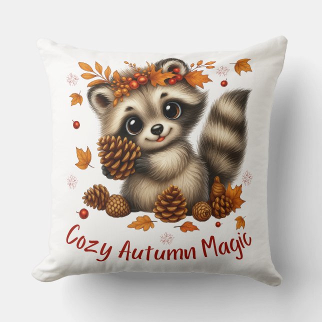 Cosy Autumn Magic Racoon Cushion (Front)