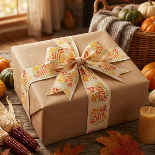 Cosy Autumn Pumpkin And Falling Leaves Satin Ribbon