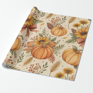 Cosy Autumn Pumpkin and Sunflower Pattern Wrapping Paper